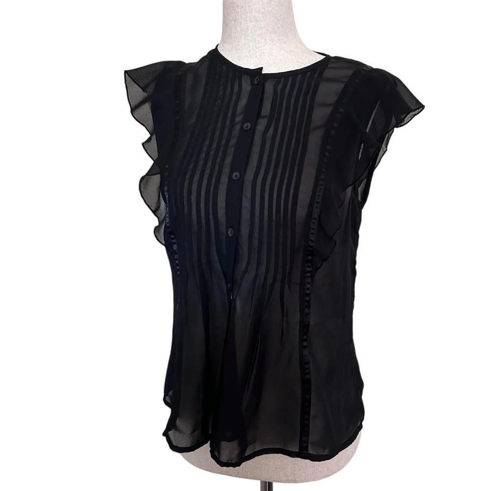 Ray Beams Black‎ Sheer Pintuck Flutter Sleeve Button Front Blouse Top - Picture 2 of 7